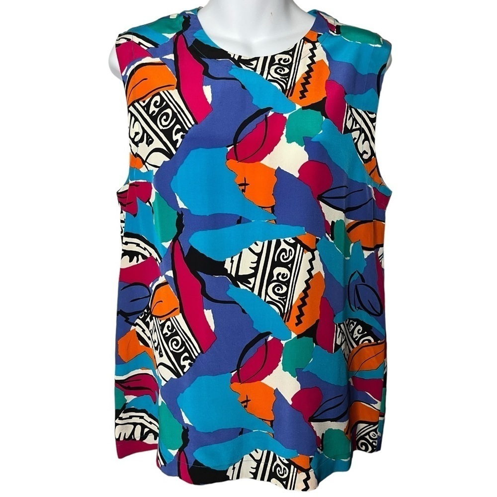 Vintage 1980s Mr. Jax 100% Silk Colourful Maximal Abstract Flowy Dress Tank Top